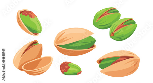 Vibrant illustration of an assortment of open and closed pistachios showcasing their green kernels and tan shells set against a white background
