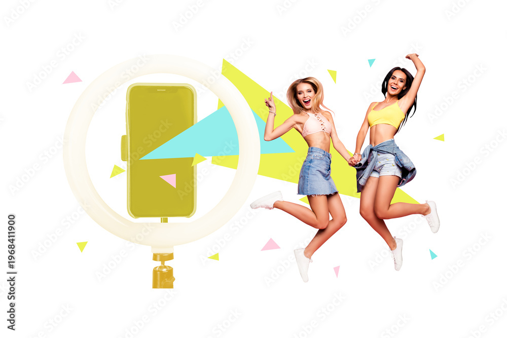 © deagreez - Composite photo collage of happy girls wear stylish sexy cloth blogging ring light iphone live stream shoot isolated on painted background © deagreez - Composite photo collage of happy girls wear stylish sexy cloth blogging ring light iphone live stream shoot isolated on painted background