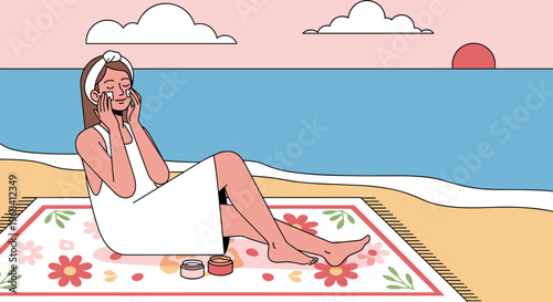 Woman Applying Skincare on Beach Relaxing Summer Vacation Illustration