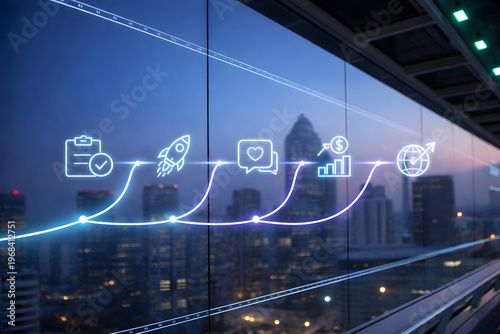 Customer Journey Funnel Business Growth Strategy On Glass Screen with City Skyline SaaS Marketing Concept