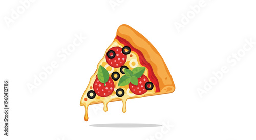 A delicious slice of pepperoni pizza with melting cheese and fresh basil leaves, presented on a clean white background