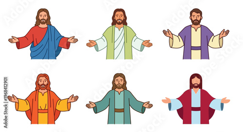Illustrations of jesus christ in various poses and colored garments