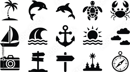 Collection of icons representing various beach and travel themes