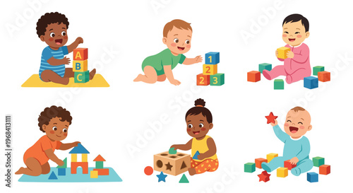 Diverse babies happily playing with colorful building blocks and toys
