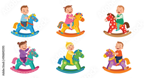 Smiling babies joyfully riding colorful wooden rocking horses in a playful scene