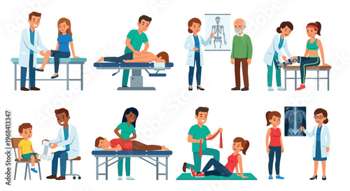 Diverse group of patients receiving medical examinations and physical therapy