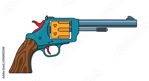Cartoon illustration of a revolver pistol with a wooden grip