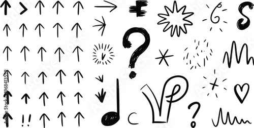Collection of abstract symbols and directional arrows with musical and question marks