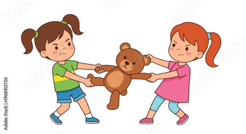 Two young girls fiercely pull on a shared teddy bear