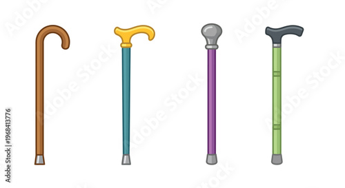 Four colorful walking canes arranged in a simple cartoon style illustration