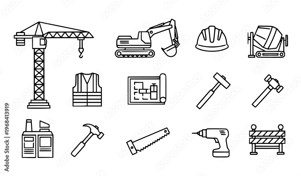 Fototapeta premium Black Construction Icons Set Vector Building and Industrial Tools Illustration