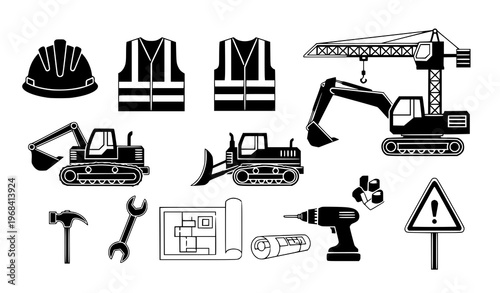 Minimal Construction Icons Black Vector Safety and Building Tools Set