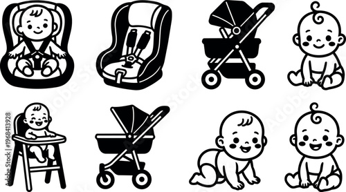 Vector art set of baby icons including carseat stroller highchair and crawling babies