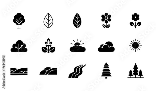 Minimal Nature Icons Black Flat Vector Trees Leaves and Outdoor Symbols