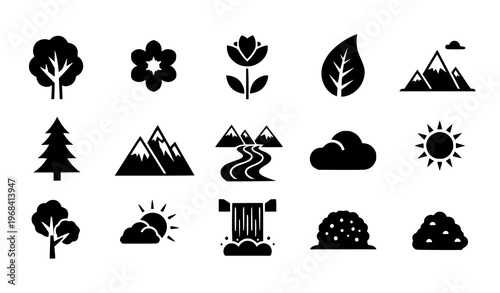 Nature Pictogram Icons Black Flat Vector Trees Plants Mountains River