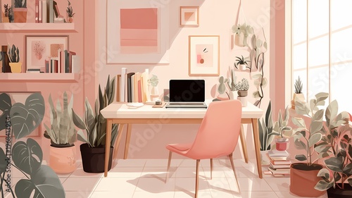 Modernes Homeoffice-Setup mit Computer, Lampe und Pflanzen auf einem Schreibtisch, Bilder an den Wänden,  organisierter Arbeitsbereich.