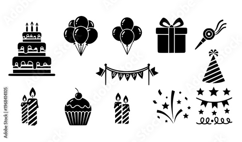 Birthday Party Pictogram Icons Black Celebration Symbol Collection Vector