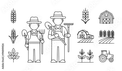 Black Farmer Agriculture Line Icon Set Farming Symbols Vector Illustration