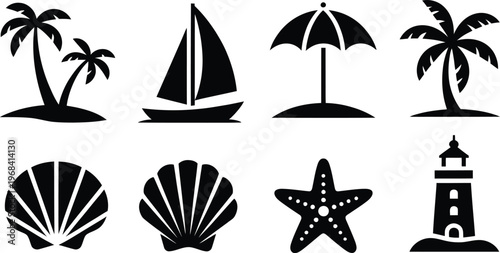 Black and white icons representing classic beach and seaside elements