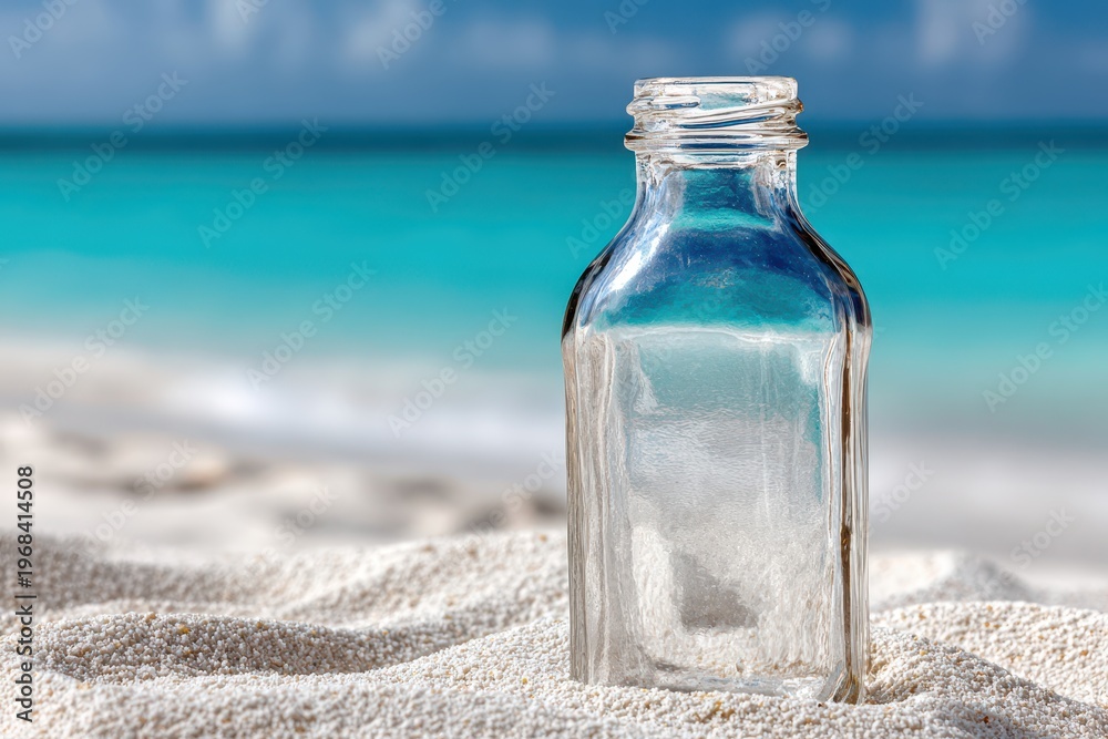 Obraz premium An empty glass bottle rests on a sandy beach with the turquoise ocean and blue sky in the background.