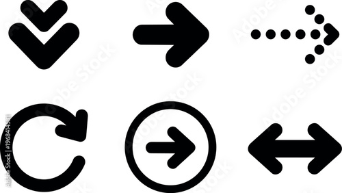 Vector arrows set with chevrons and circular rotate icons on black background