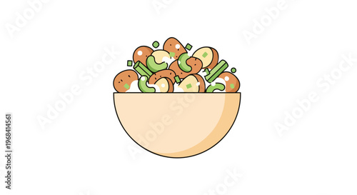 Illustrated bowl filled with a delightful mix of potato salad ingredients and fresh green vegetables on a clean white background, a vibrant