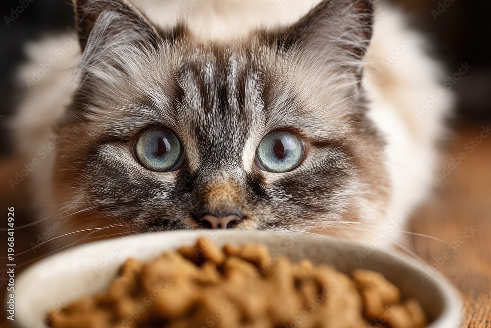Naklejka premium Close-up portrait of a fluffy cat with striking blue eyes peering intently at a bowl of dry cat food.