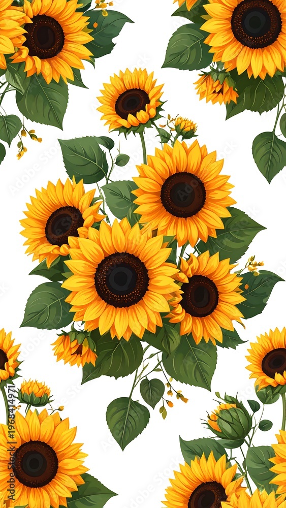 Fototapeta premium Colorful arrangement of vibrant, sunny blooms with green leaves and stems, set against a plain white backdrop
