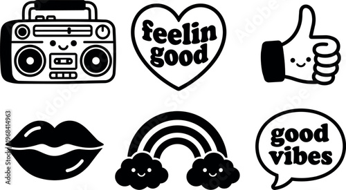 Vector art icons set with boombox lips rainbow and good vibes