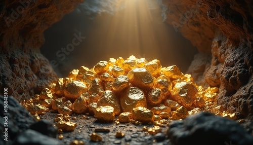 Pile of shiny gold nuggets inside dark cave with sun rays. Natural ore deposit offers wealth discovery and treasure hunt adventure vibes. Valuable mineral wealth.