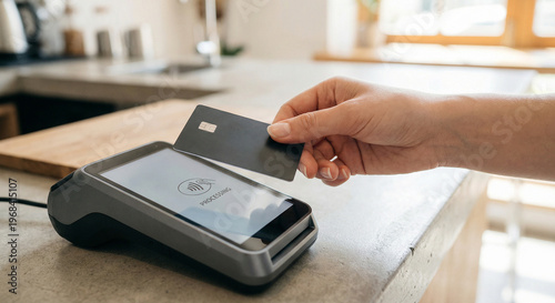 Contactless payment with credit card at modern POS terminal, NFC wireless transaction in café environment, secure cashless purchase using tap‑to‑pay technology