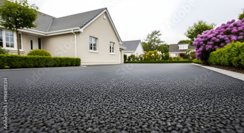 Gravel Driveway Surface Outside A Suburban House With Bushes And Flowers