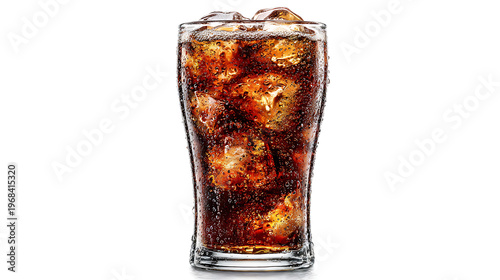 Dark cola beverage in transparent glass with ice, isolated on white background