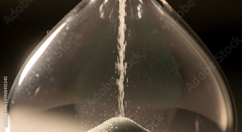 Sand pouring through hourglass, time passing, close up, motion blur, abstract concept, light flares.