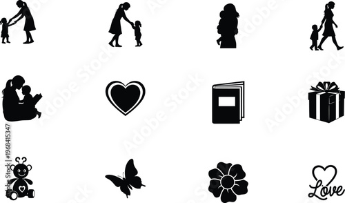 Motherhood silhouette icons family love and nurturing isolated on transparent background
