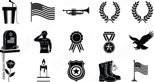 Memorial day silhouette icons flags tributes and patriotic symbols isolated on transparent background