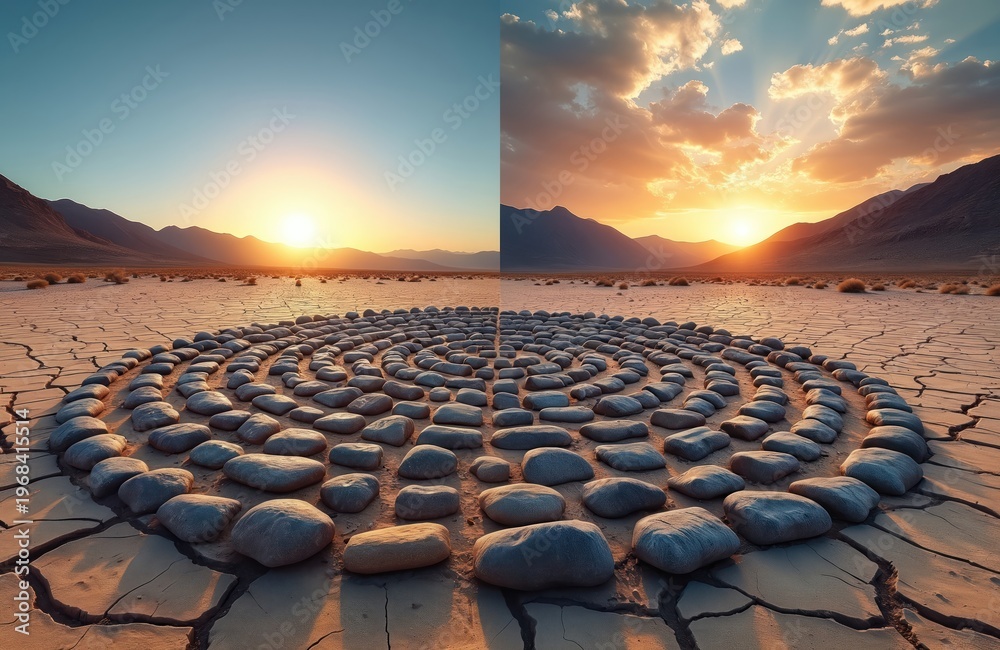Fototapeta premium Diptych shows spiral stone path on cracked dry earth. One side bright sun, other has sunset. Mountains frame arid desert landscape. Nature art composition.
