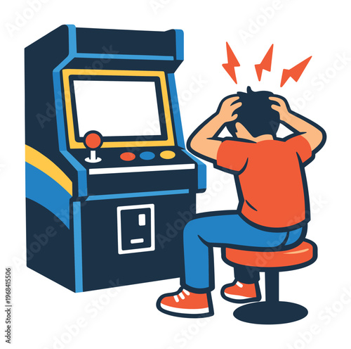 Gamer expressing frustration and anger after losing a game, sitting and holding head on retro arcade machine