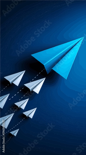 Bold paper airplane races ahead of its peers in a swirl of creativity and innovation against a deep blue backdrop