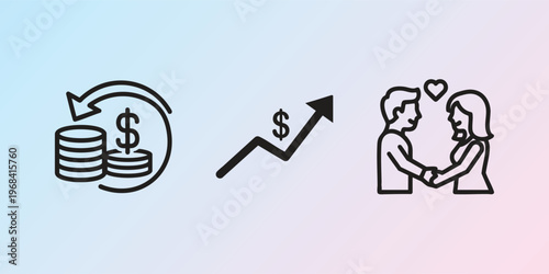Financial growth, love, and money icons, vector illustrations, black lines on gradient background