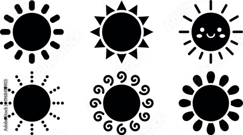 Vector art six sun icons with different rays black on white