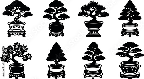 Vector art bonsai trees in ornate pots silhouette line art collection