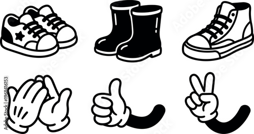 Vector line art sneakers and boots with hands giving thumbs up and peace sign