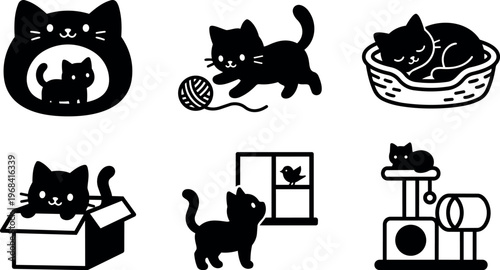 Vector art line art cats collection with kittens and toys