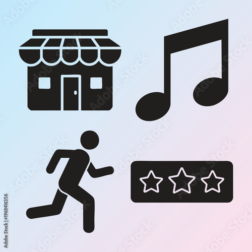 Black icons set, modern design elements, business, music, rating, running, vector graphics