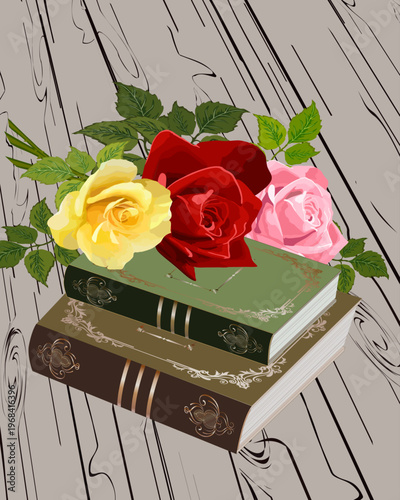 A bouquet of roses and books on a wooden surface.Vector illustration with bright roses and books on a wooden background.