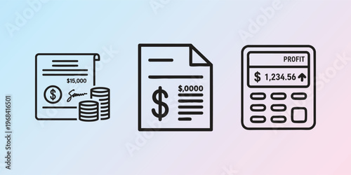 Finance icons, business accounting symbols, money management, profit calculation