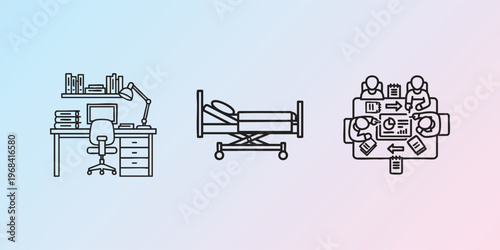 Medical, Hospital, Healthcare Icons, Line Style, 3 Symbols, Vector Graphics