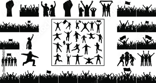 Crowd cheering silhouettes collection, people celebrating, protest and festival groups, raised hands, unity concept,