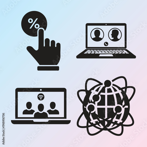 Black icons of online business collaboration, remote work, and global communication, 4 vector graphics